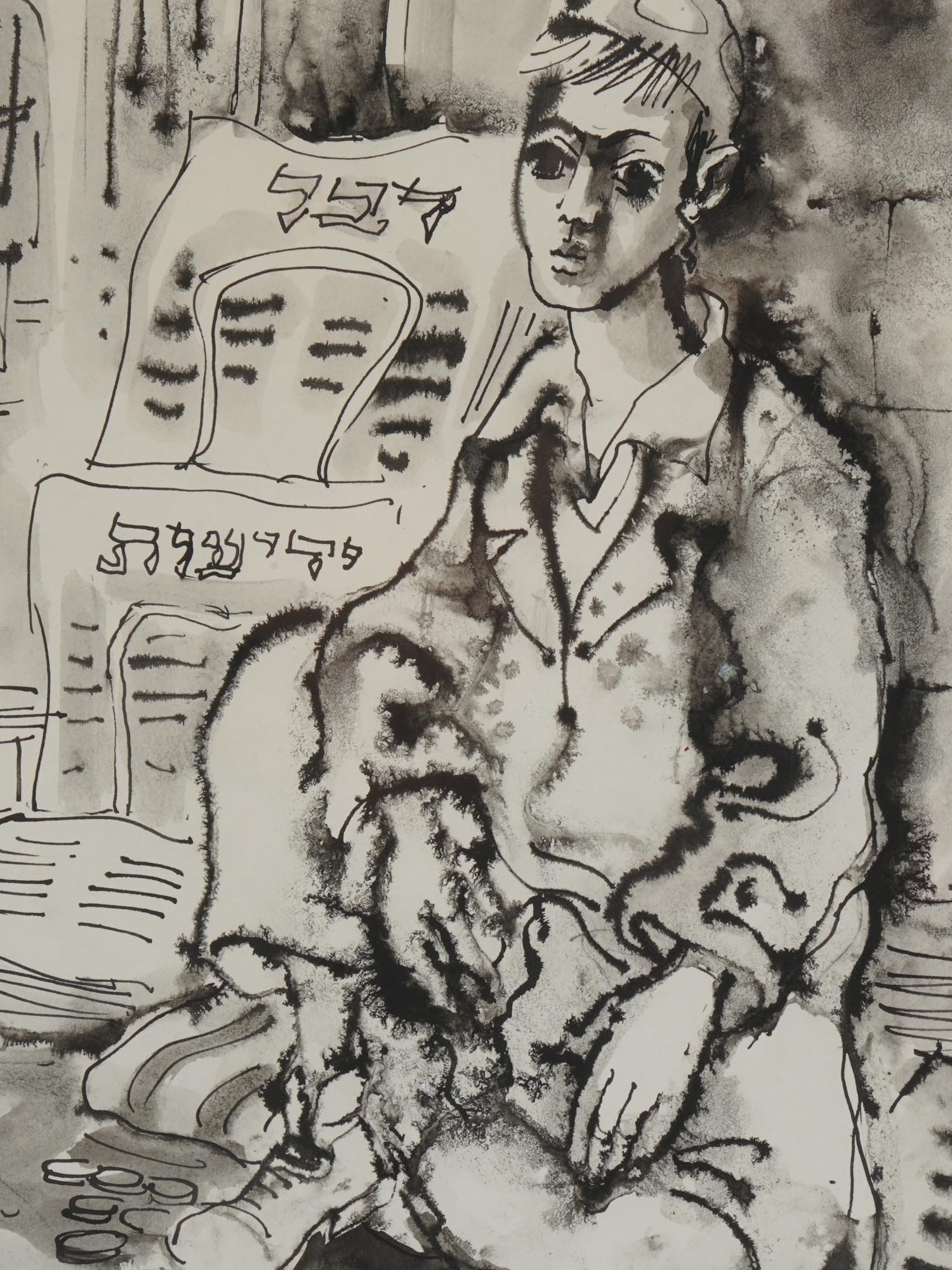 JEWISH PAPERBOY INK PAINTING SIGNED YOSSI STERN PIC-1